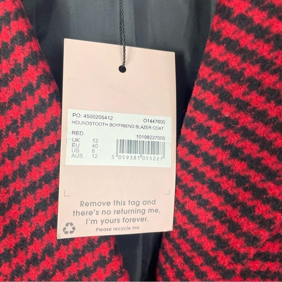 Missguided Houndstooth Boyfriend Blazer Coat Womens 8 Red Black Oversized - Picture 5 of 8